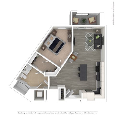 Floor plan for 1 bed, 1 bath, 693 sqft